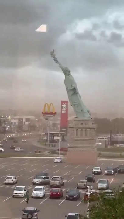 Replica of the Statue of Liberty topples due to strong winds in Guaíba, Brazil